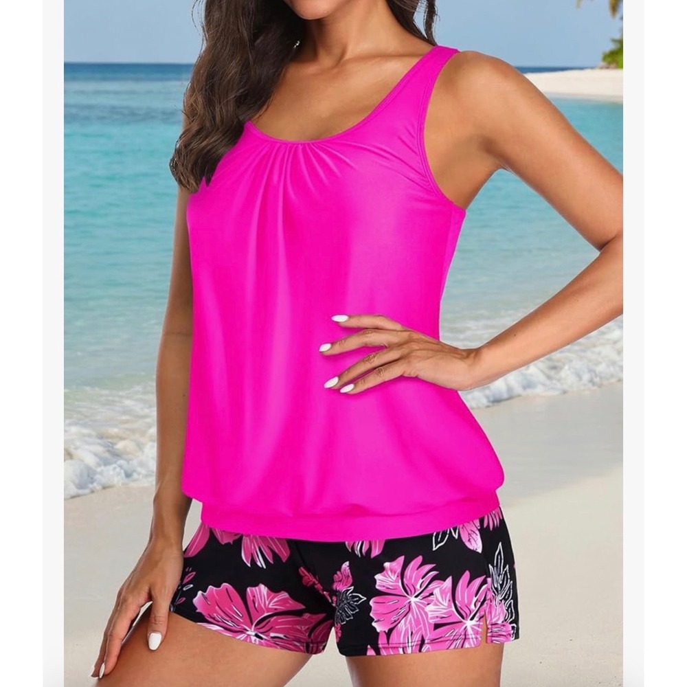 Aqua Eve Women 18W Pink Tankini Swimsuit Set Blouson Top Floral Boy Shorts NEW